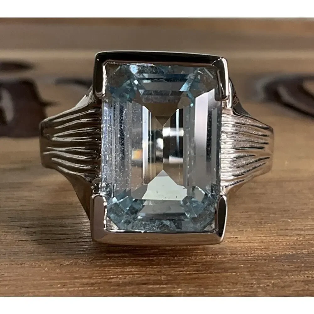 Vintage Sterling Silver Emerald Cut Blue Topaz Ring Statement Gemstone Sz 12.5